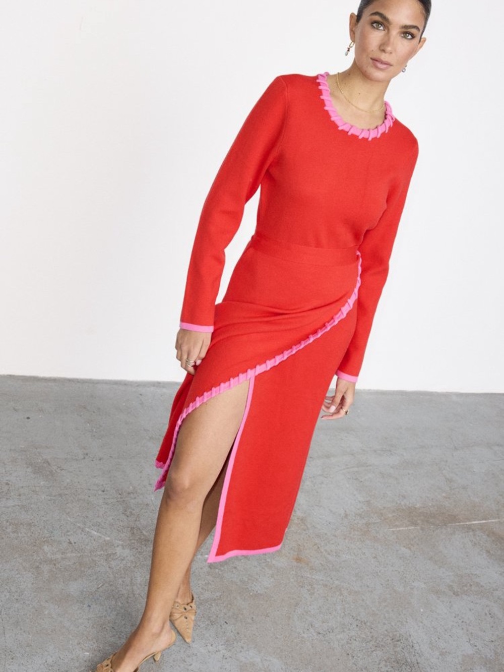 Never Fully Dressed Red Midi Dress with Pink Trim